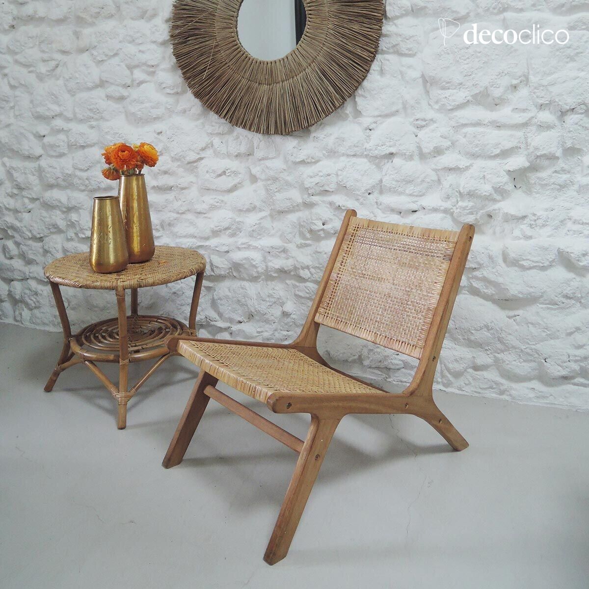 Fauteuil bas lounge en bois de teck et tressage en rotin Alberto