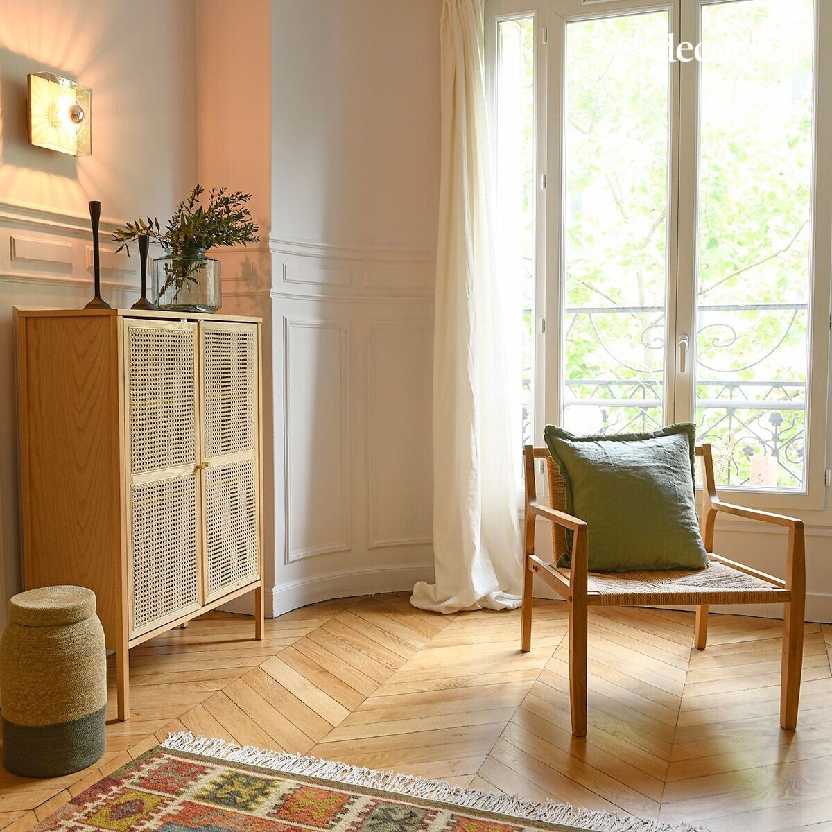 Fauteuil bas lounge en chêne massif et corde style scandinave Bloom