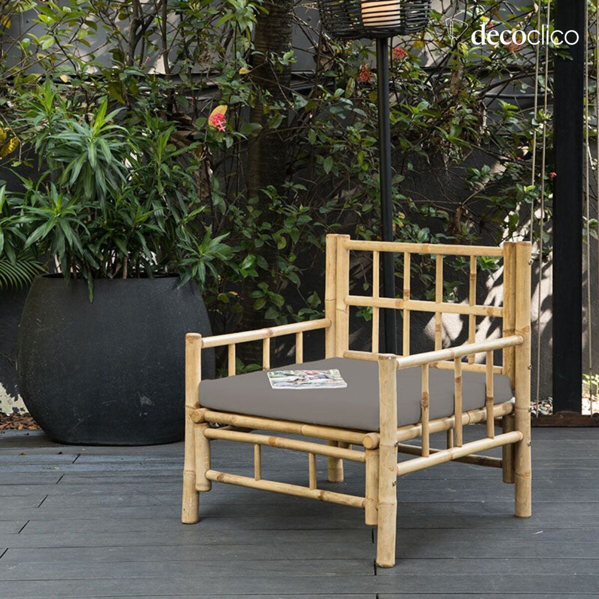 Fauteuil de jardin en bambou naturel avec coussin gris outdoor Taman