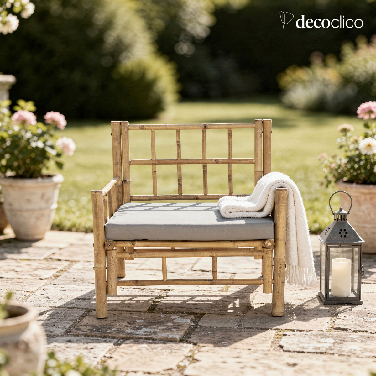 Fauteuil de jardin en bambou naturel avec coussin gris outdoor Taman