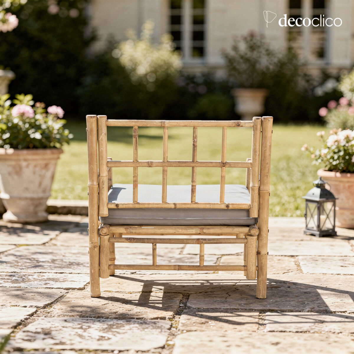 Fauteuil de jardin en bambou naturel avec coussin gris outdoor Taman