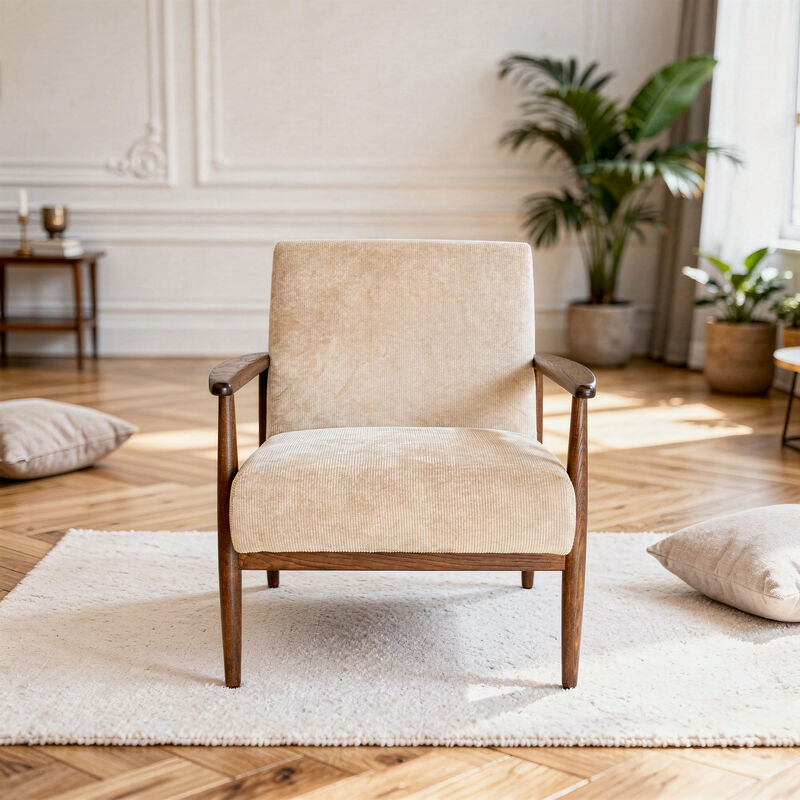 Fauteuil en frêne et velours côtelé beige