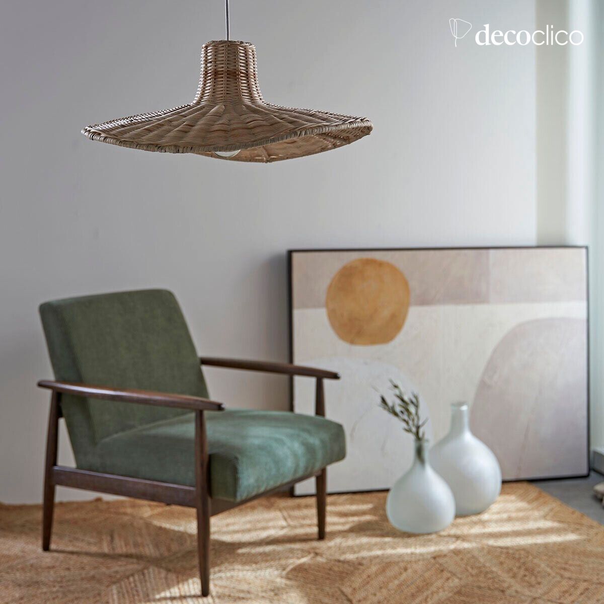 Fauteuil en frêne et velours côtelé kaki