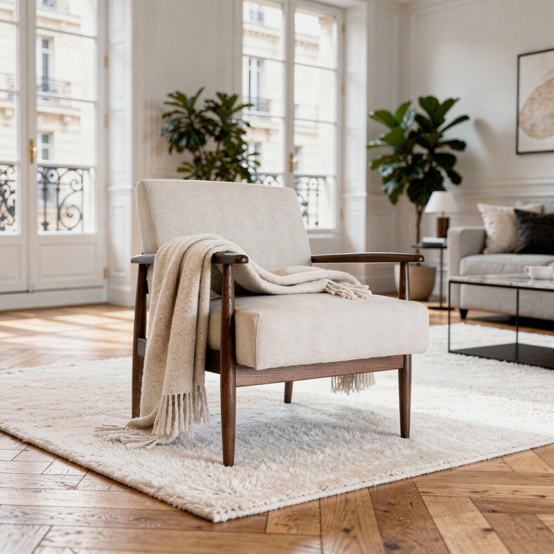 Fauteuil lounge en frêne teinté et tissu lin/coton beige