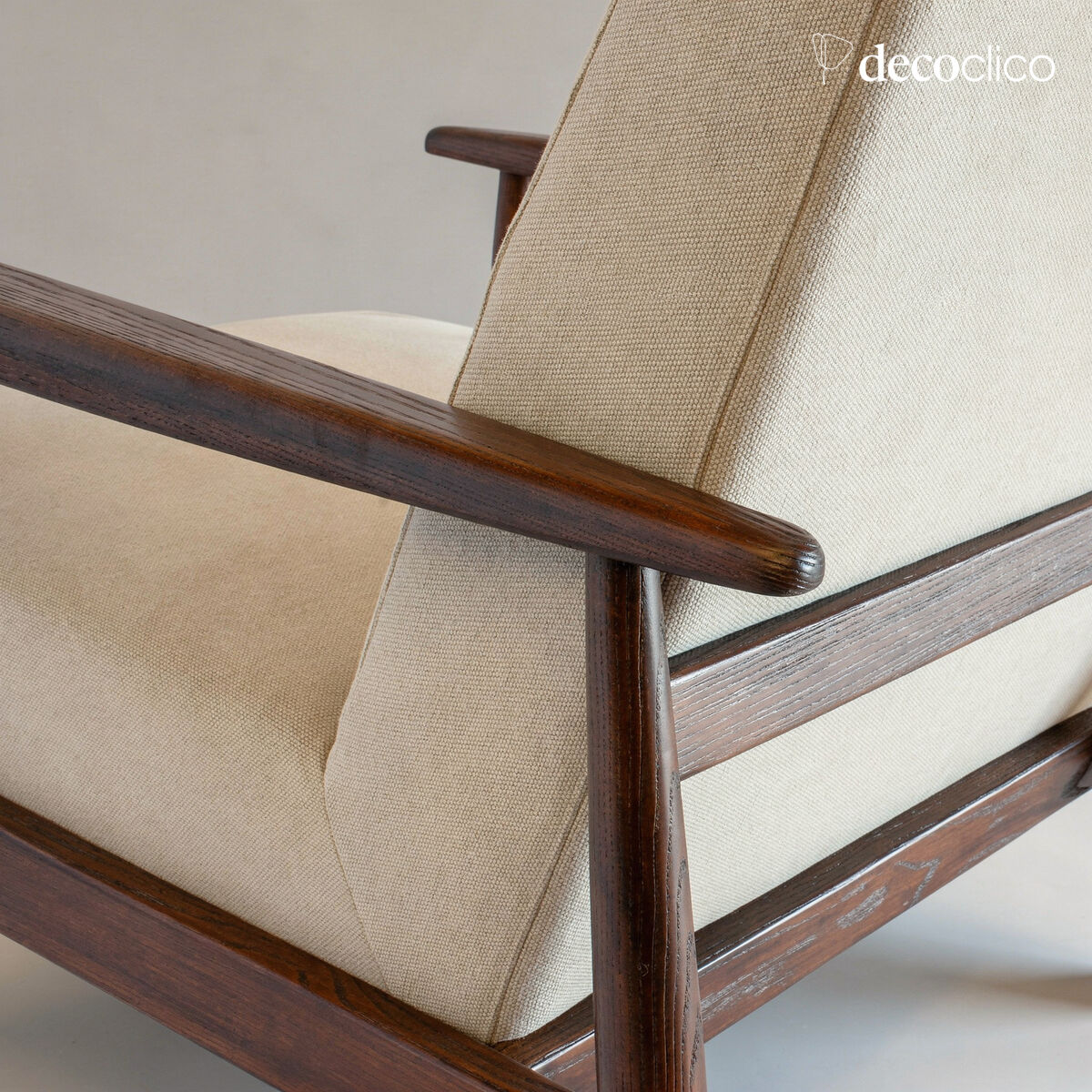 Fauteuil lounge en frêne teinté et tissu lin/coton beige