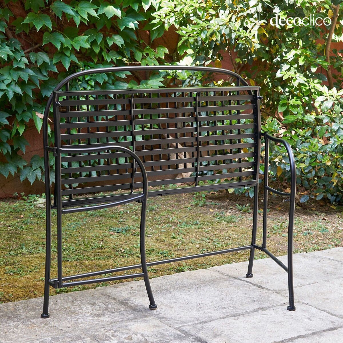 Folding black wrought iron bench with armrests