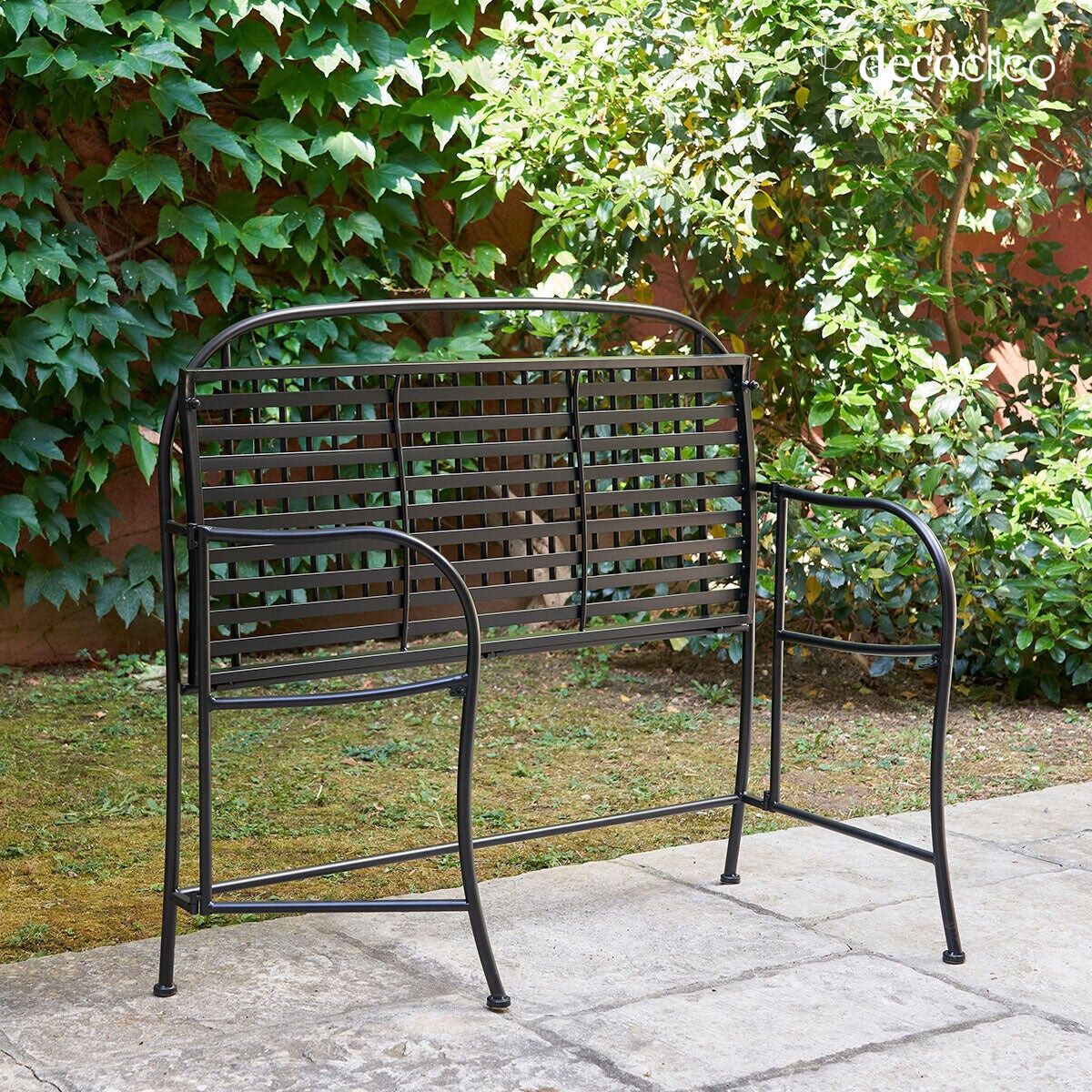 Folding black wrought iron bench with armrests
