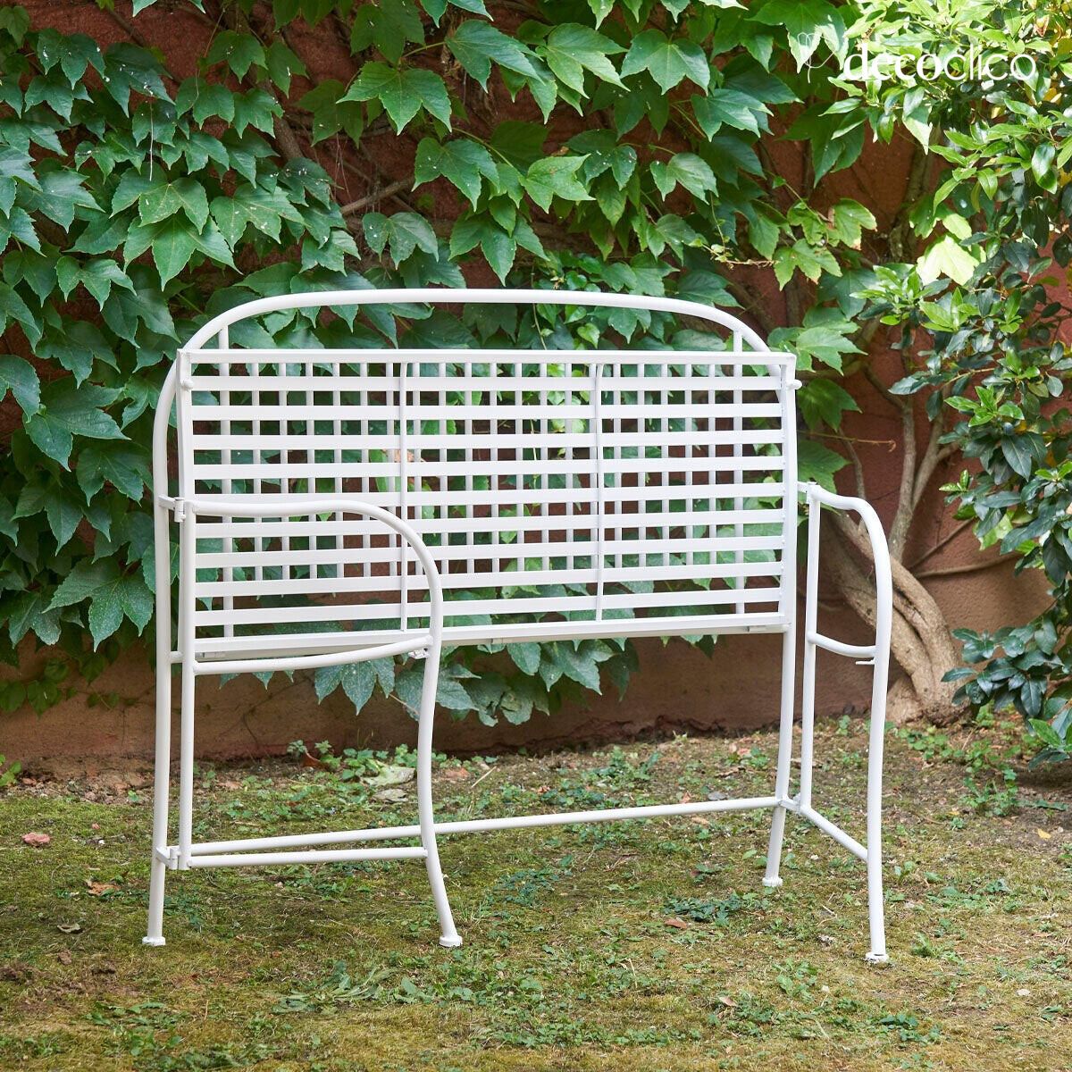 Folding white wrought iron bench with armrests