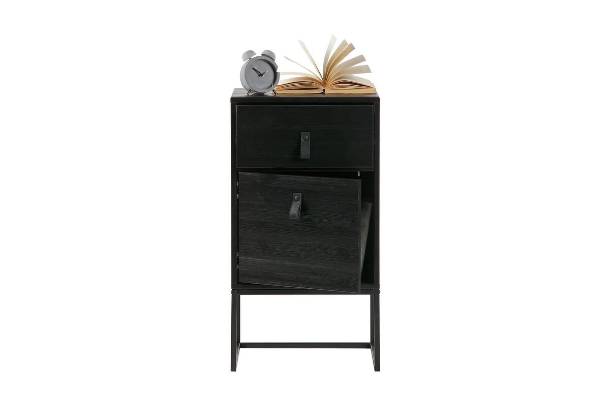 FSC pine and black metal bedside table with 1 drawer and 1 door Zola