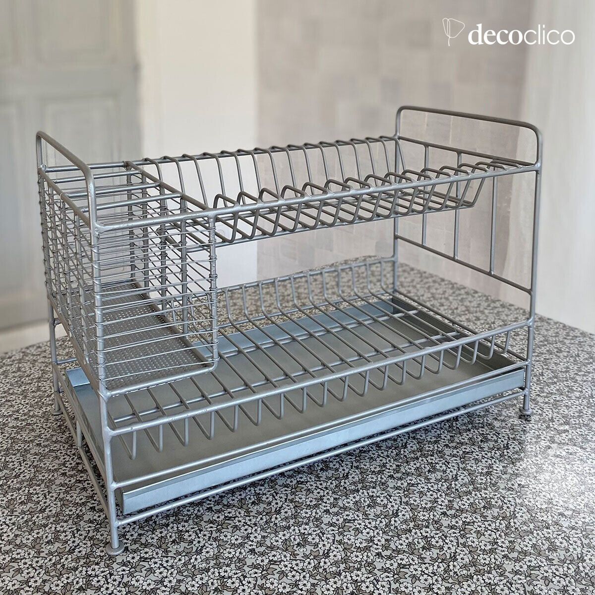 Galvanized gray finish metal dish rack with removable tray