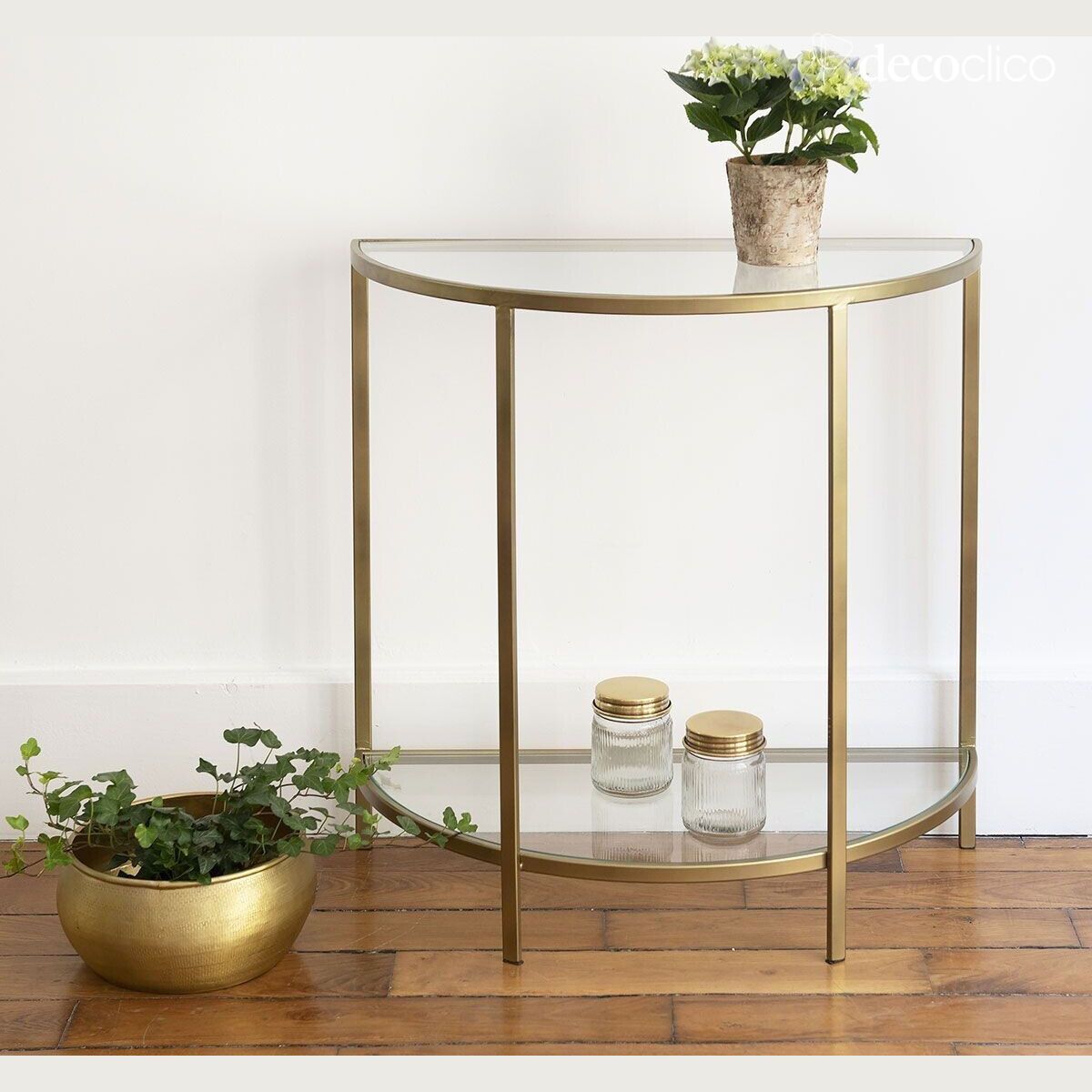 Half-moon console in glass and metal with antique brass finish Mira