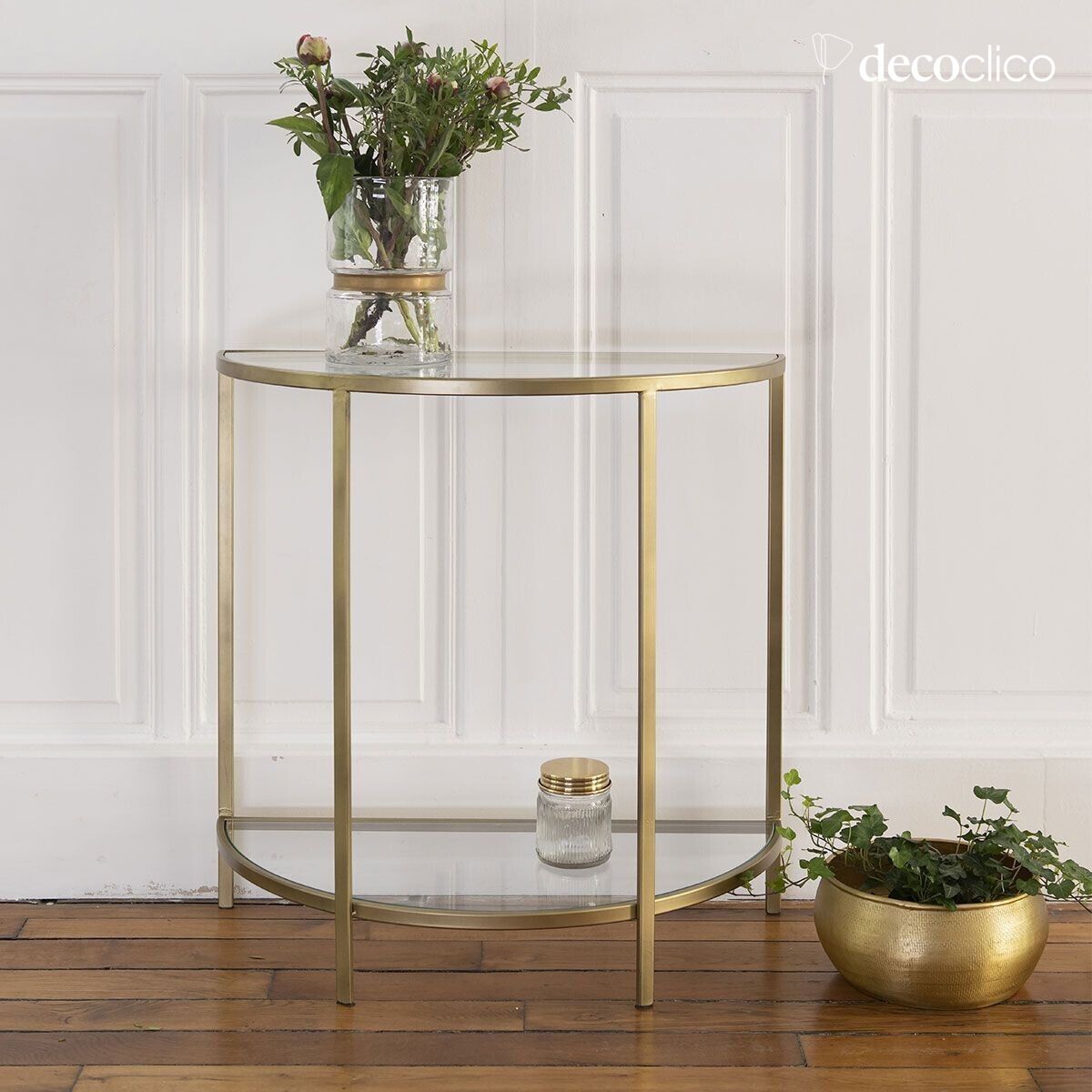 Half-moon console in glass and metal with antique brass finish Mira