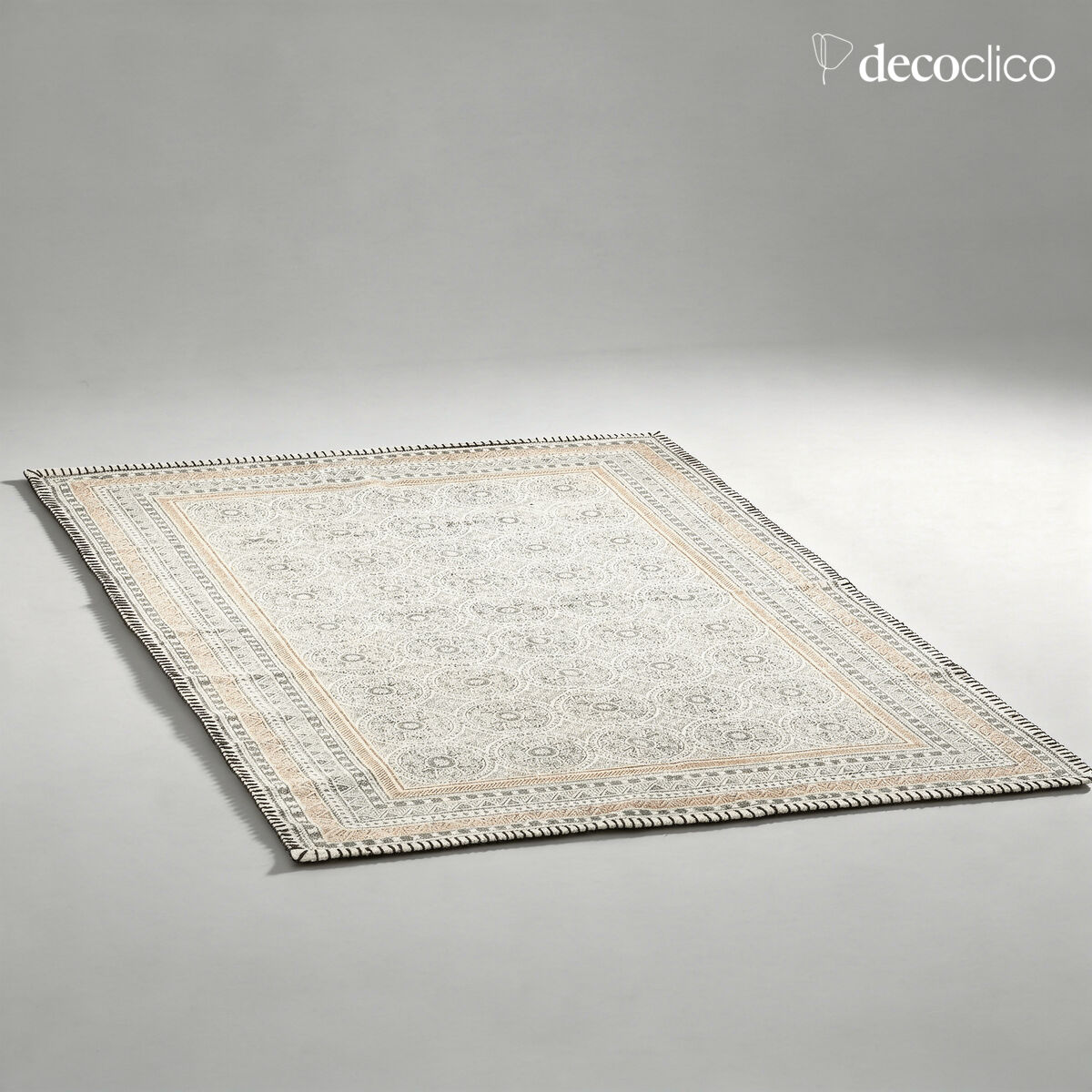 Hand-woven cotton mat, ecru block print with charcoal patterns, 140 x 200 cm Bergen