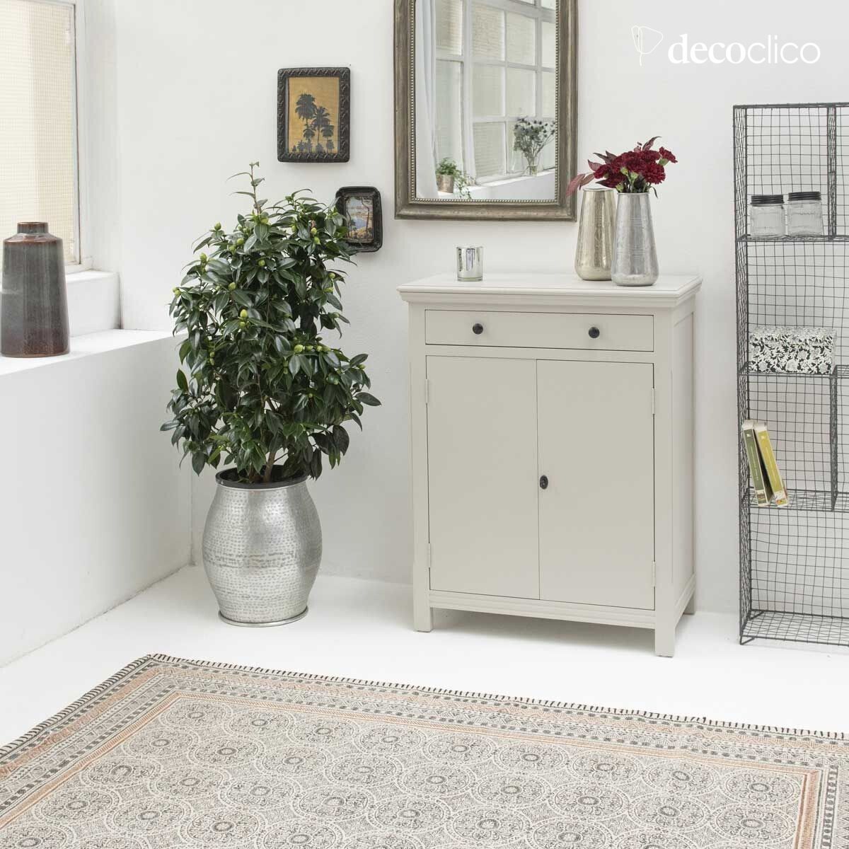 Hand-woven cotton mat, ecru block print with charcoal patterns, 140 x 200 cm Bergen