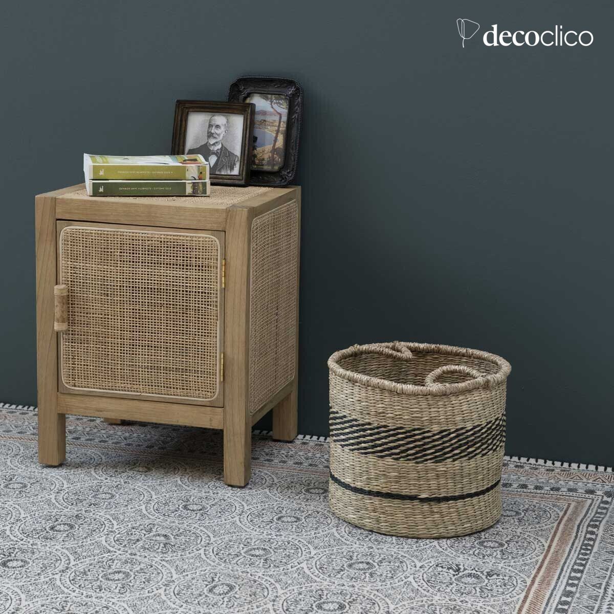 Hand-woven cotton mat, ecru block print with charcoal patterns, 140 x 200 cm Bergen