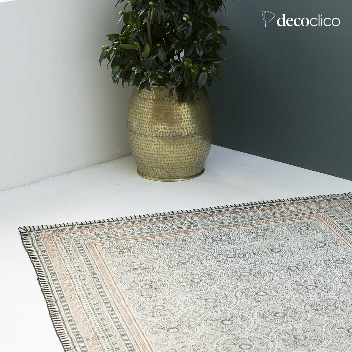 Handgewebtes Baumwollband mit Blockdruck, naturfarben, mit Kohle-Motiv, 160 x 230