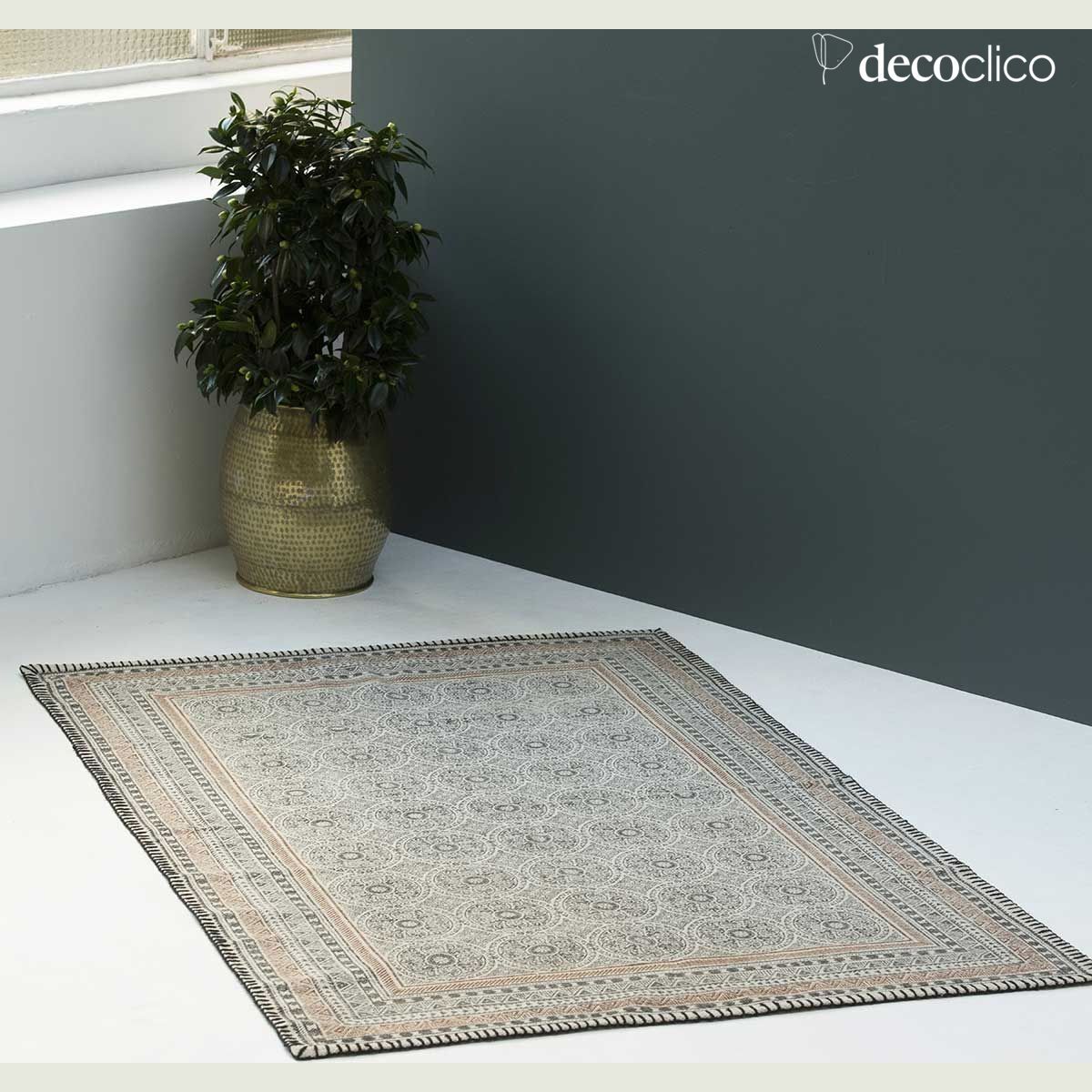 Handgewebtes Baumwollband mit Blockdruck, naturfarben, mit Kohle-Motiv, 160 x 230