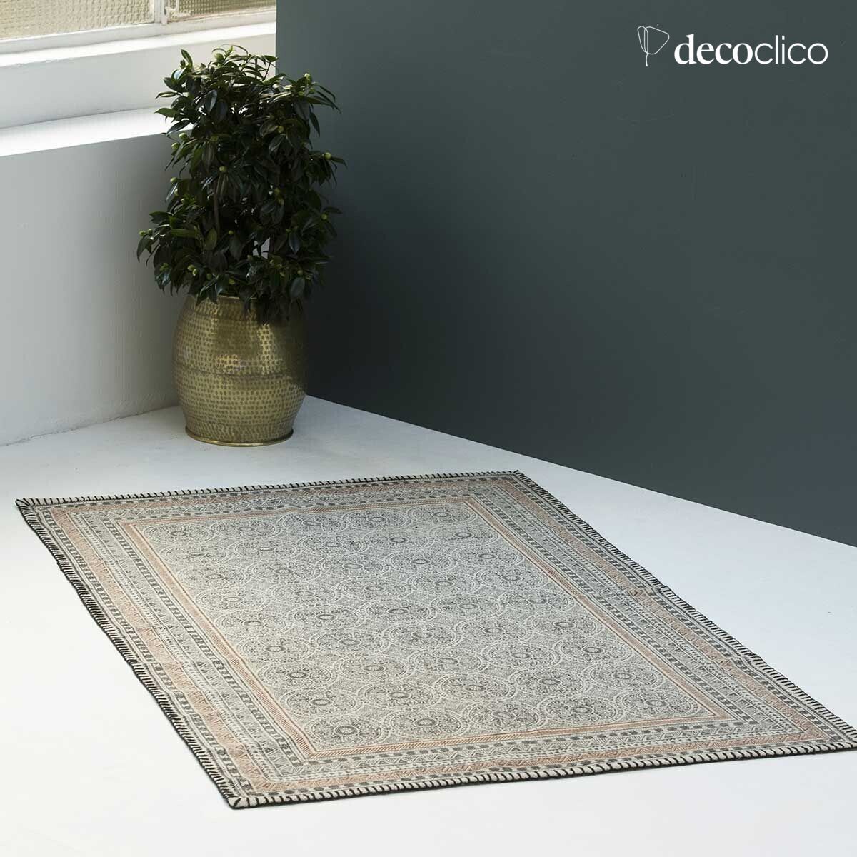 Handgewebtes Baumwollteppich in Blockdruck, naturfarben mit Kohle-Motiven, 140 x 200