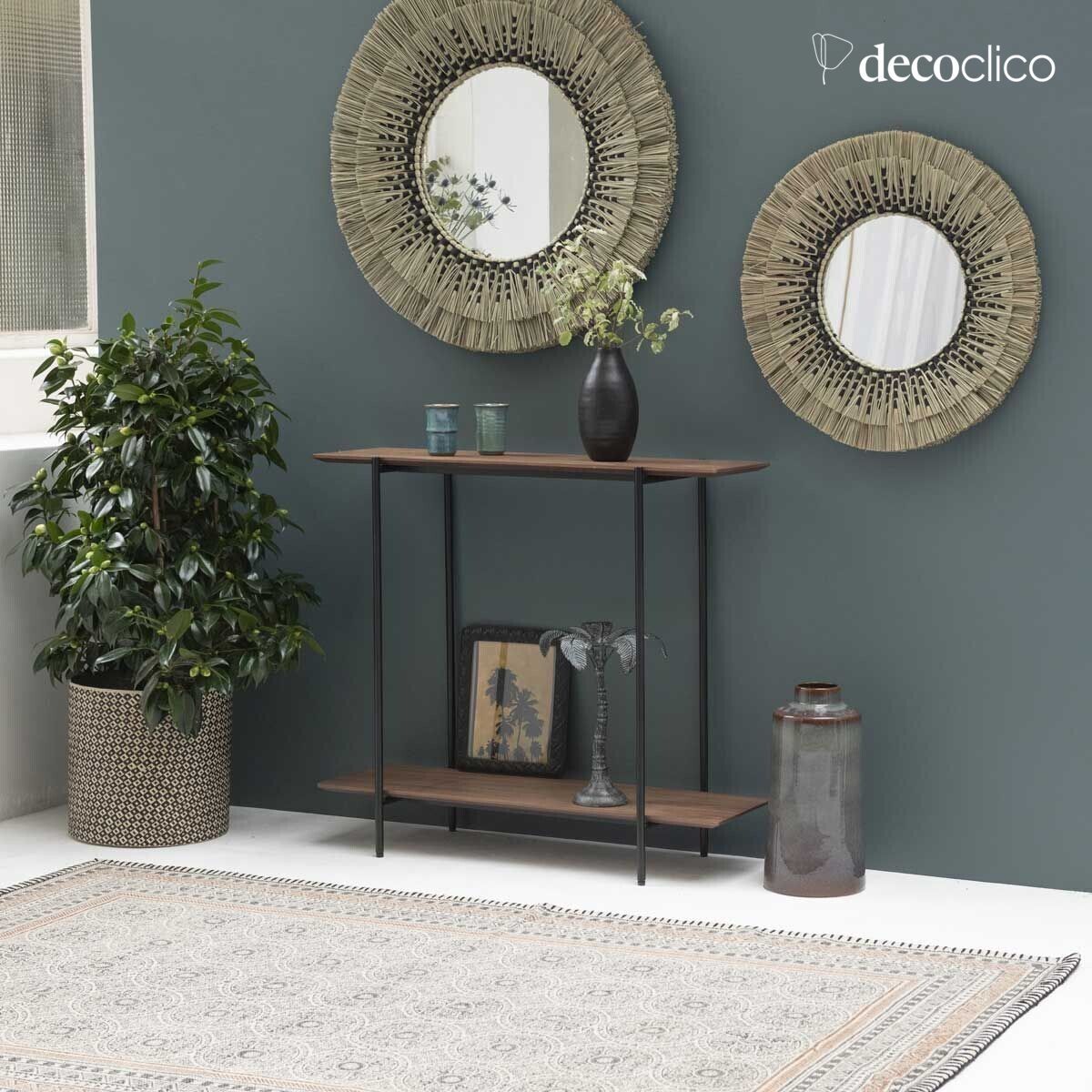 Handgewebtes Baumwollteppich in Blockdruck, naturfarben mit Kohle-Motiven, 140 x 200