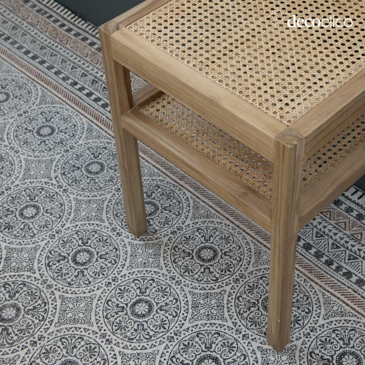 Handgewebtes Baumwollteppich in Blockdruck, naturfarben mit Kohle-Motiven, 140 x 200 Bergen