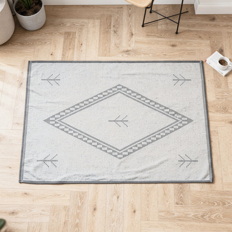 Handgeweven ecru wollen tapijt met zwart patroon 140 x 200 cm Bergen