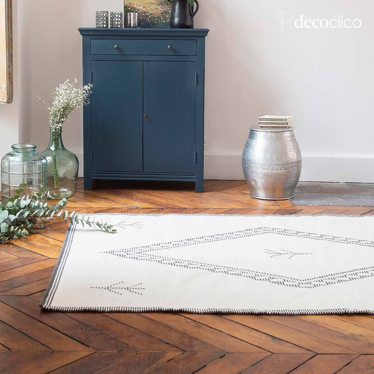 Handgeweven ecru wollen tapijt met zwart patroon 140 x 200 cm Bergen