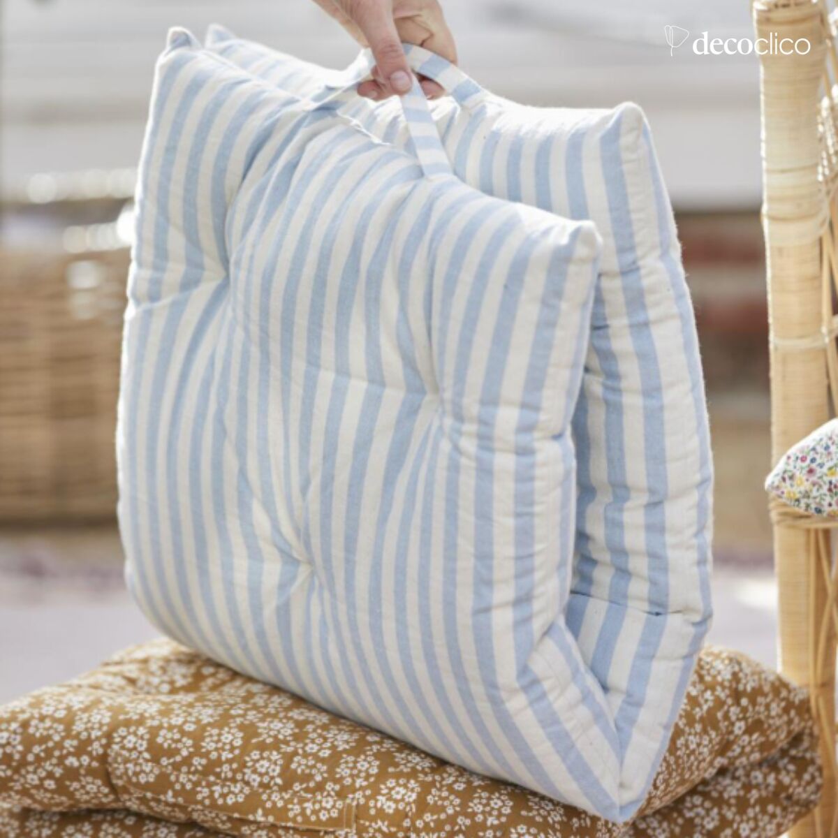 Blue and white striped cotton quilted cushion Laursen