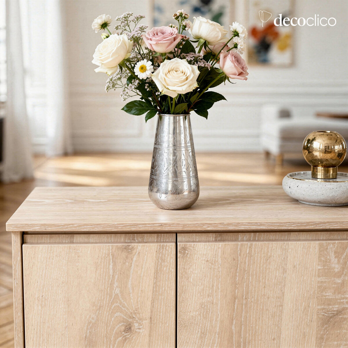 Jarrón cilíndrico de aluminio plateado H33 cm  Jaya