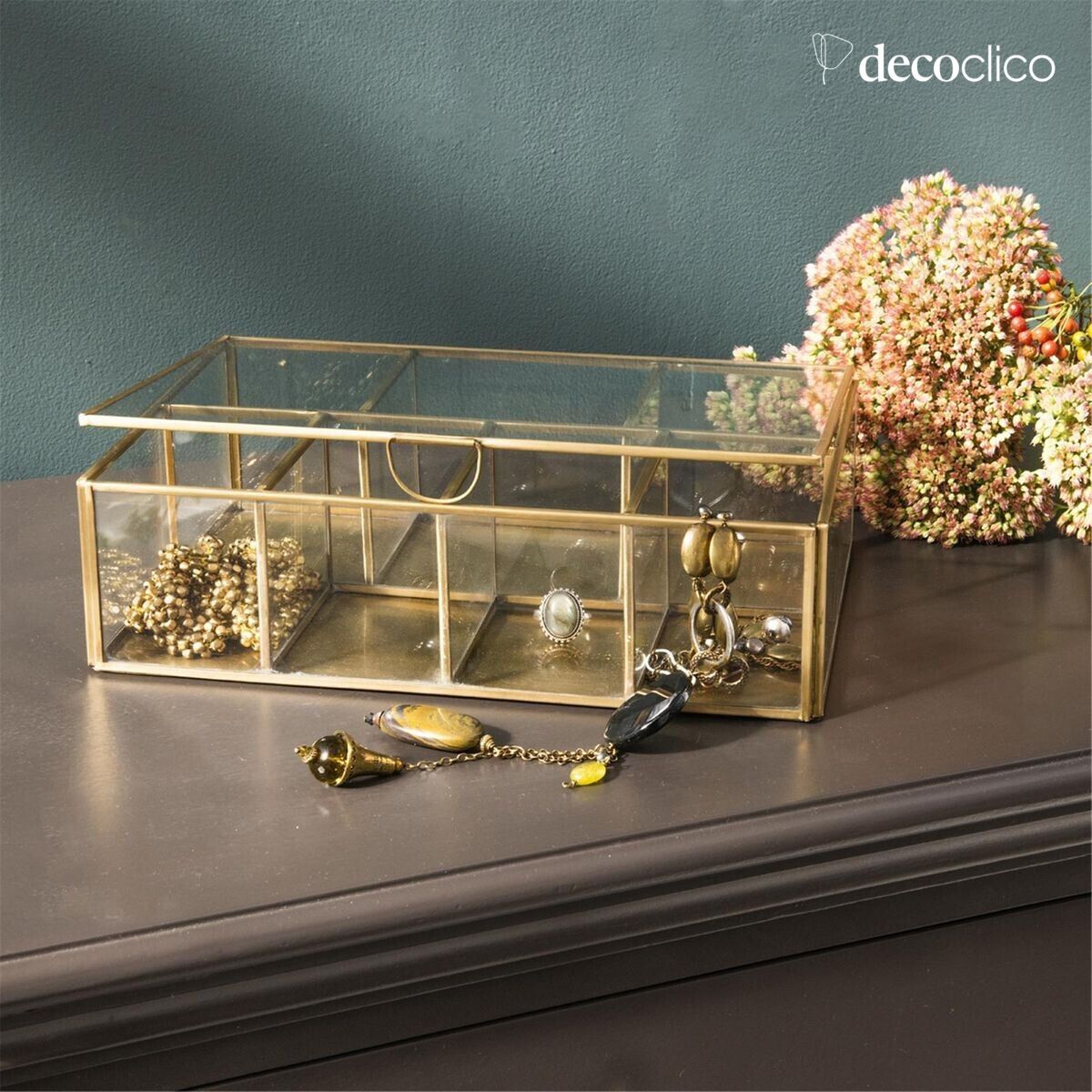 Jewelry box with 8 compartments, glass and metal with antique brass finish Mira