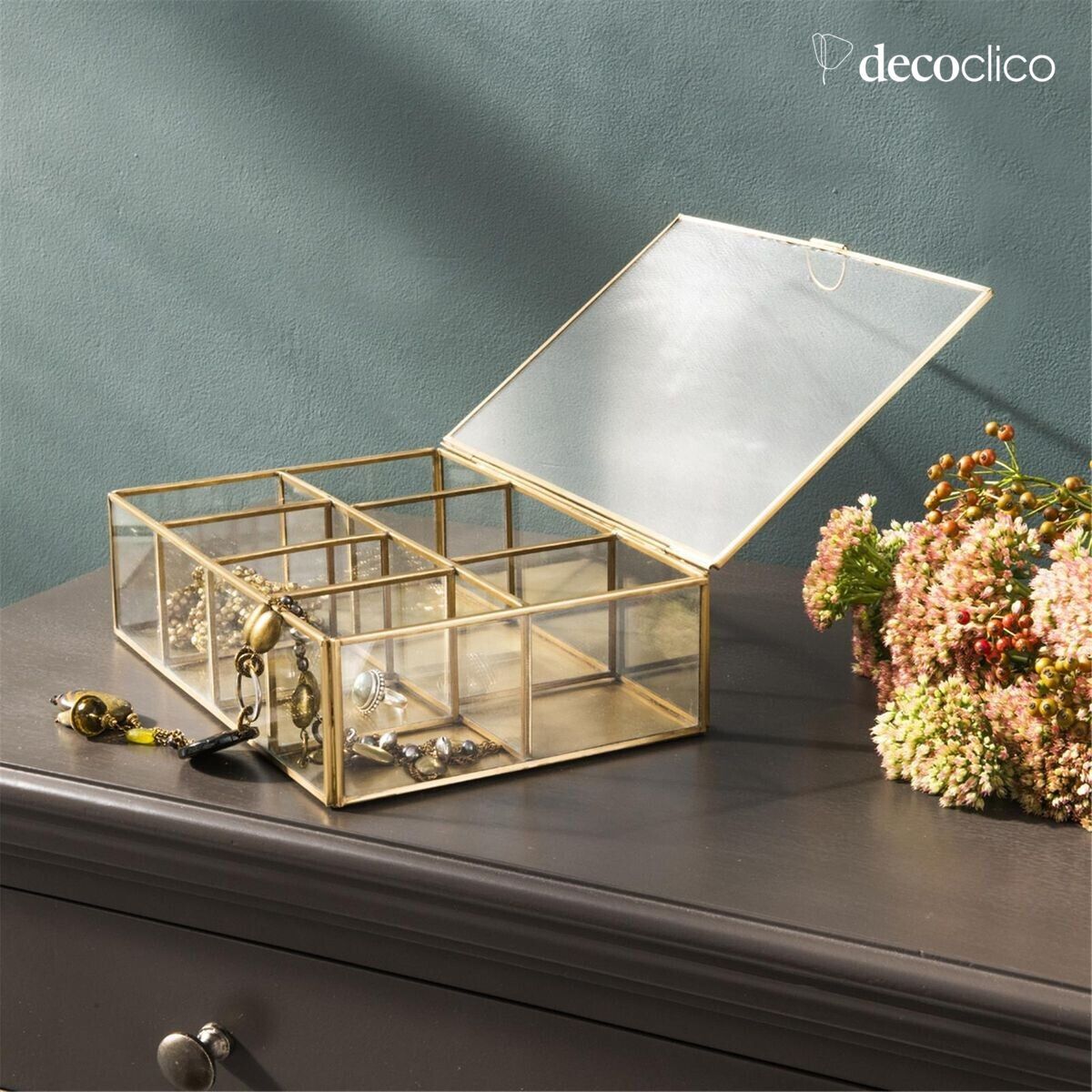 Jewelry box with 8 compartments, glass and metal with antique brass finish Mira