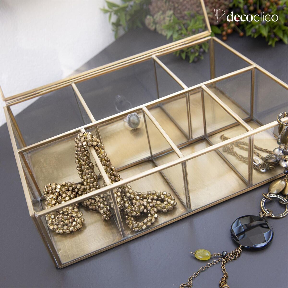 Jewelry box with 8 compartments, glass and metal with antique brass finish Mira
