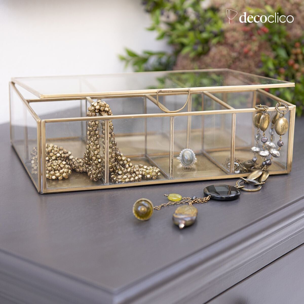 Jewelry box with 8 compartments, glass and metal with antique brass finish Mira
