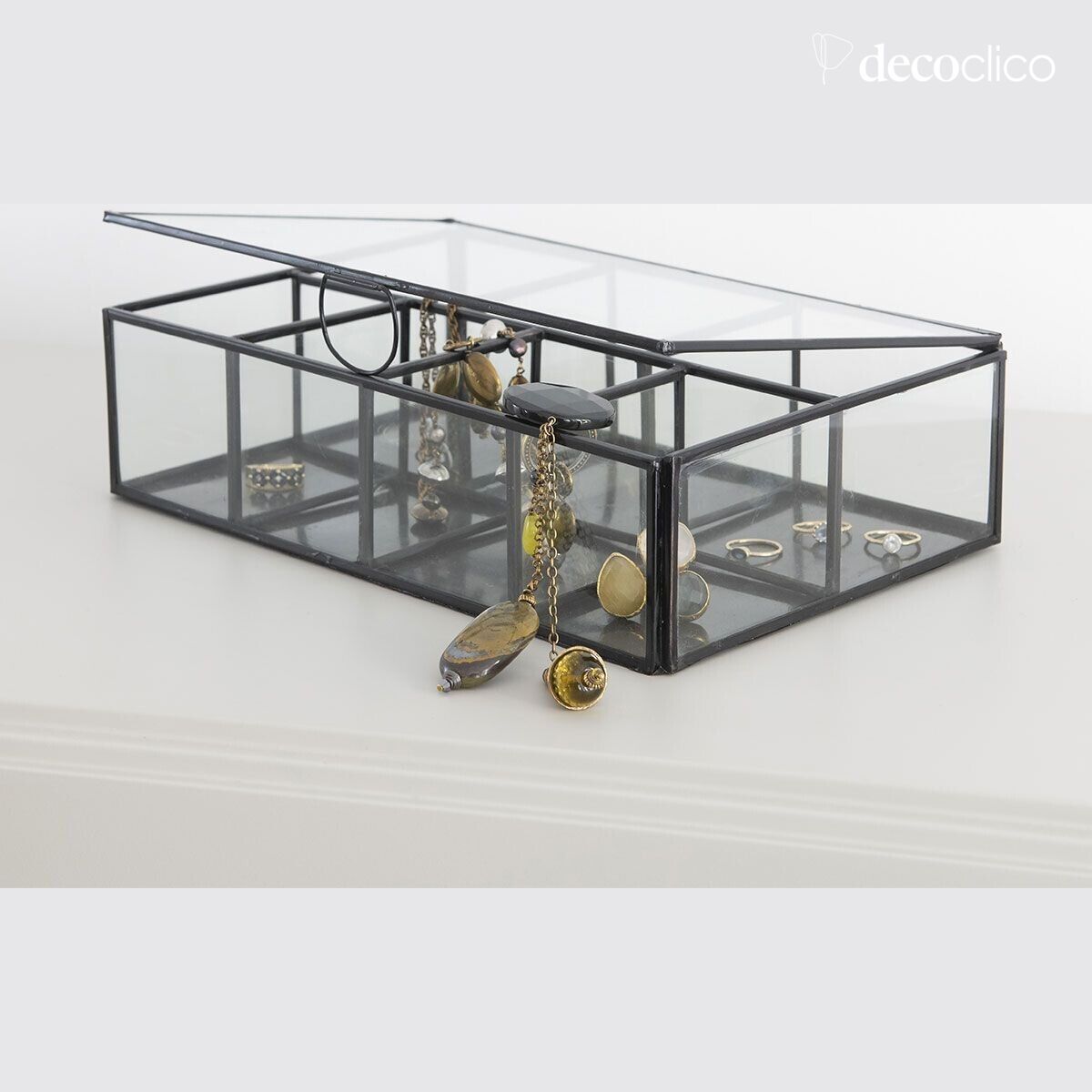 Jewelry box with 8 compartments, glass and metal with matte black finish Mira