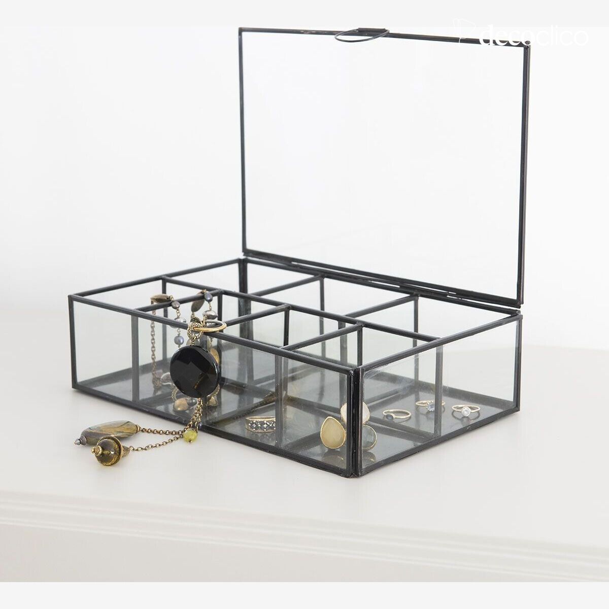 Jewelry box with 8 compartments, glass and metal with matte black finish Mira