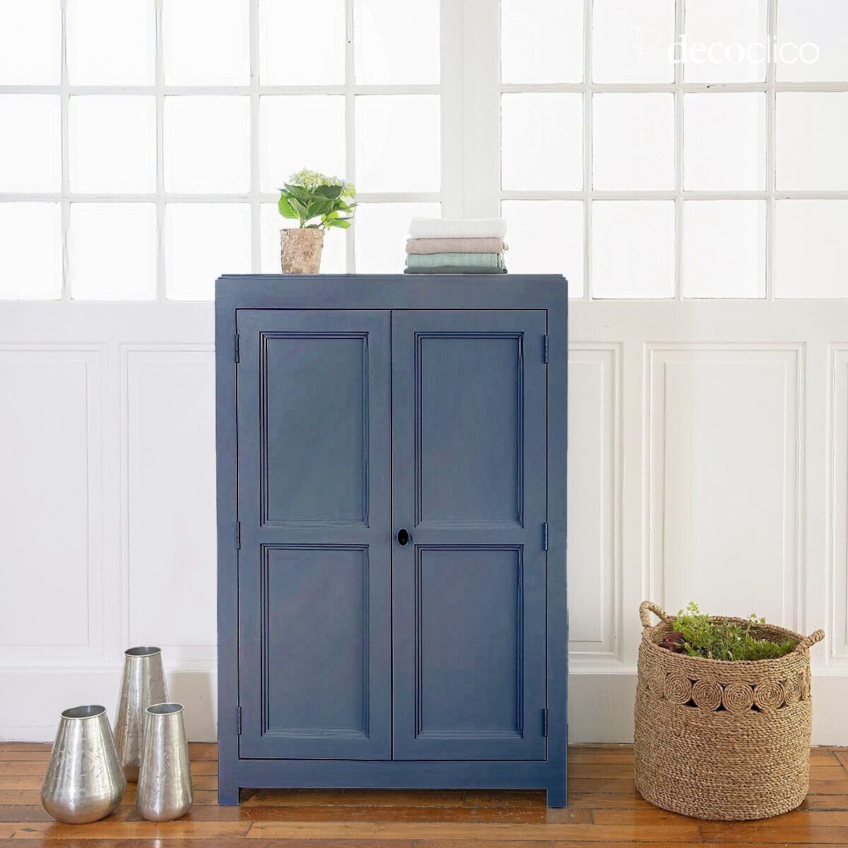 Lage blauw maritiem grenen linnenkast Léandre