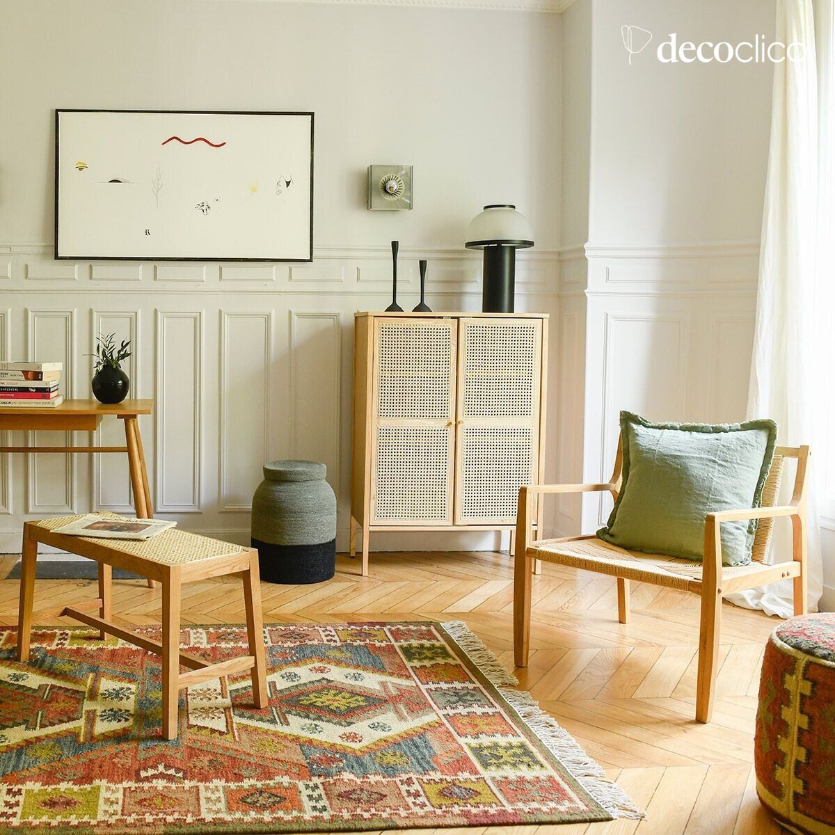 Lage loungestoel in Scandinavische stijl van massief eikenhout en touw Bloom