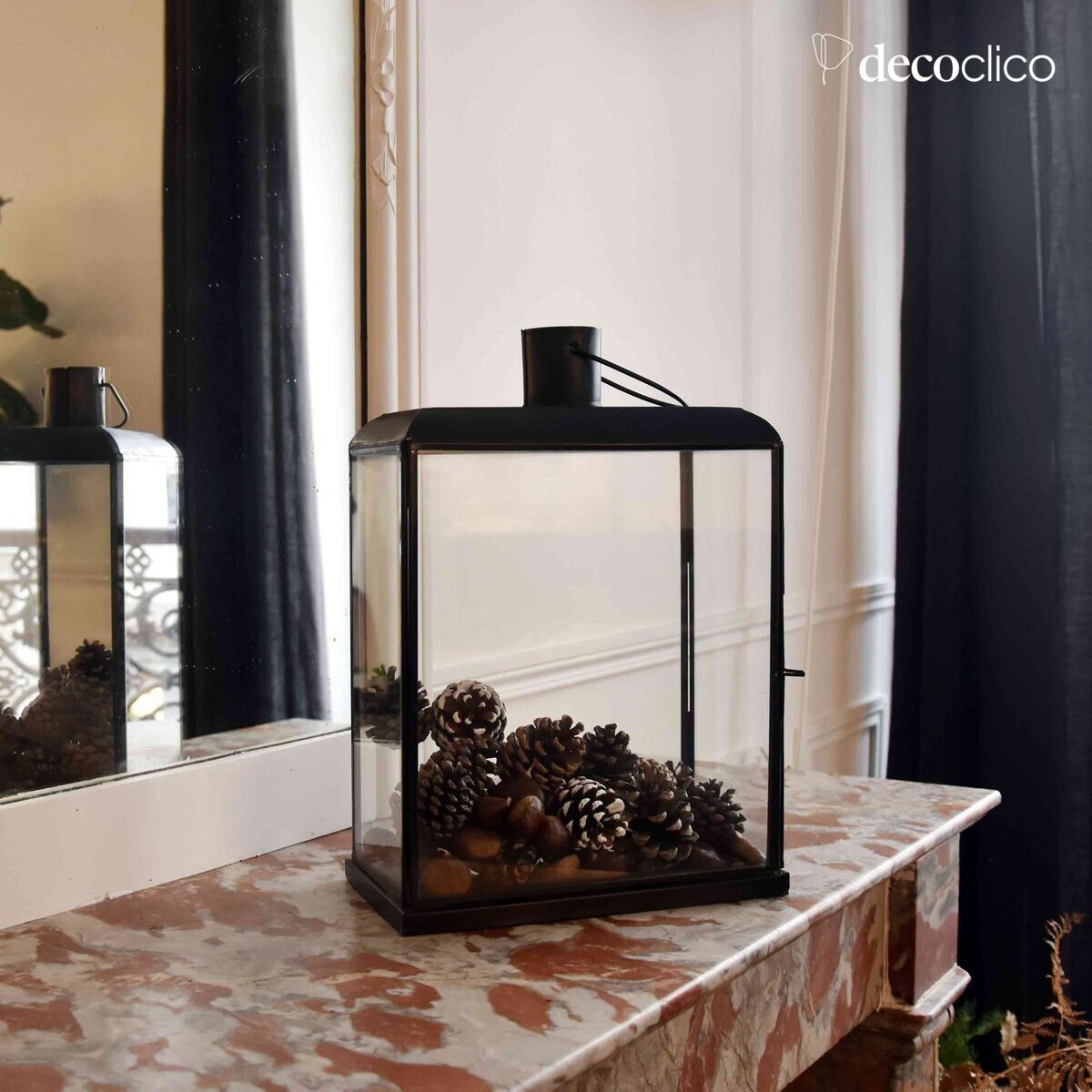 Lantern candle holder in glass and matt black metal Mira