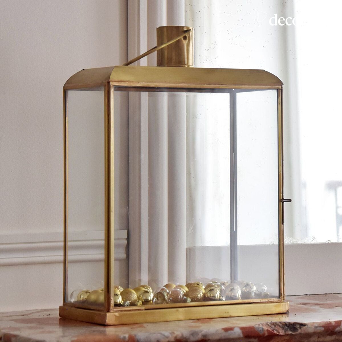 Lantern candle holder in glass and matt gold-plated metal Mira