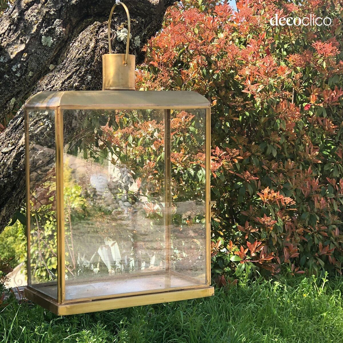 Lantern candle holder in glass and matt gold-plated metal Mira