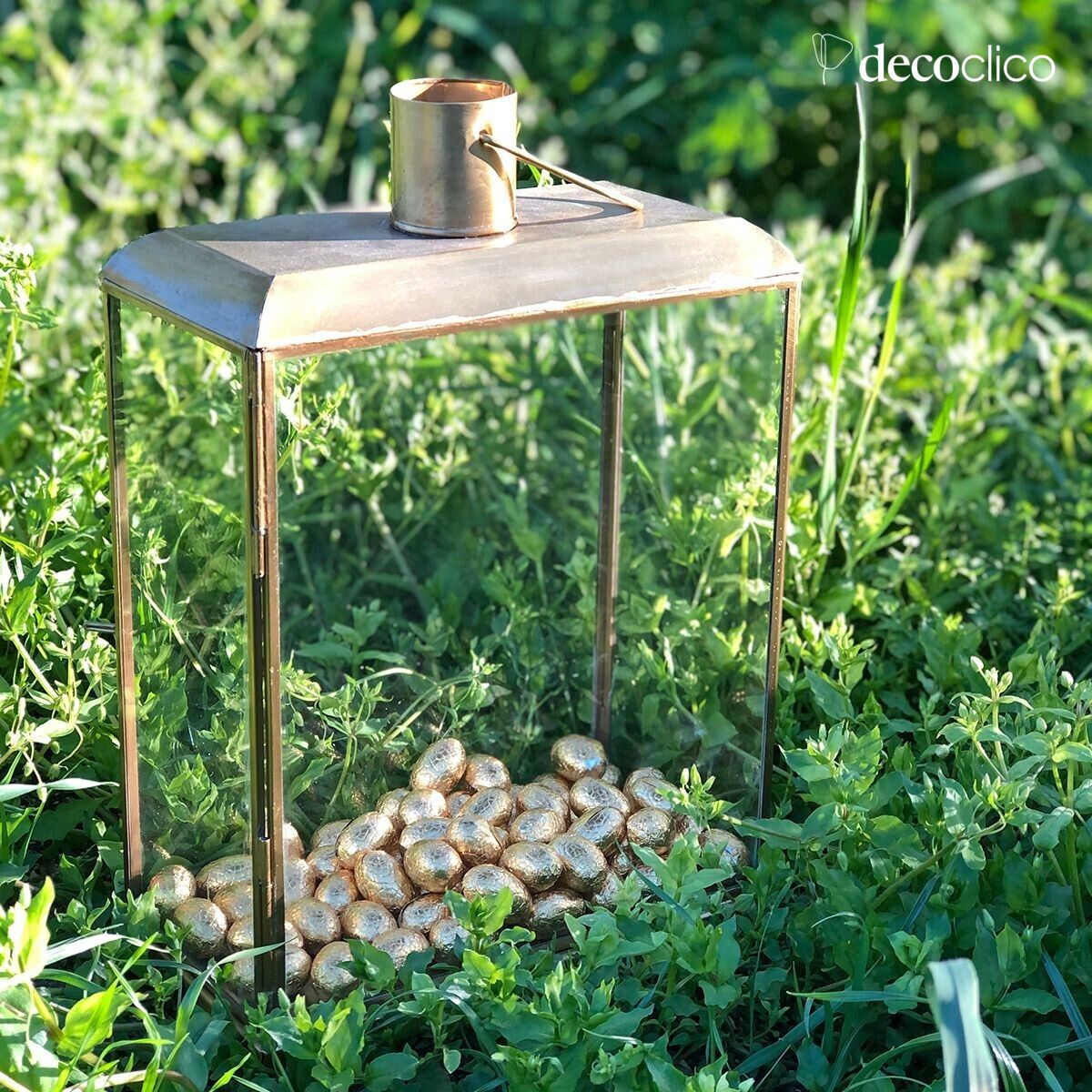 Lantern candle holder in glass and matt gold-plated metal Mira