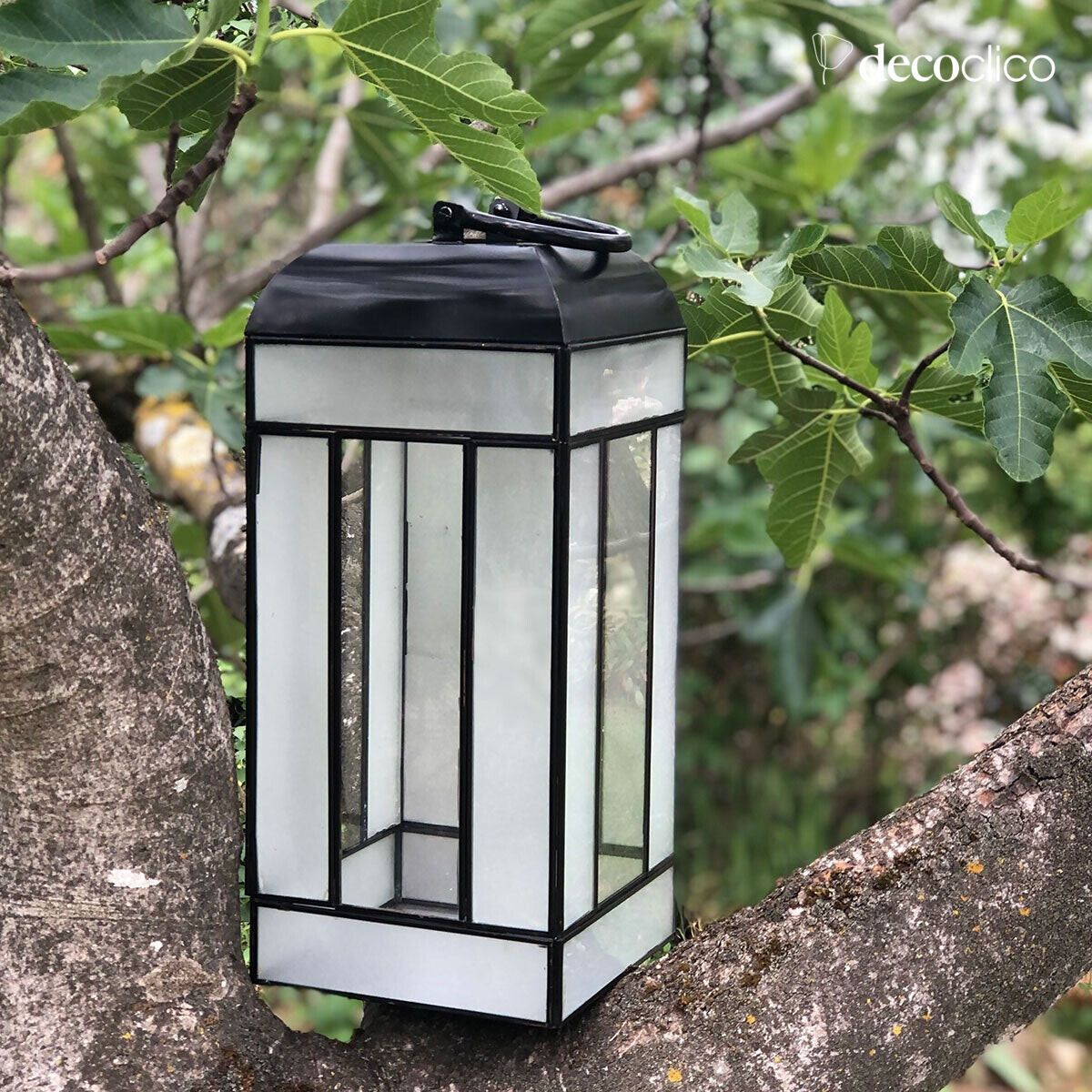 Lantern candle holder in matt black metal and glass