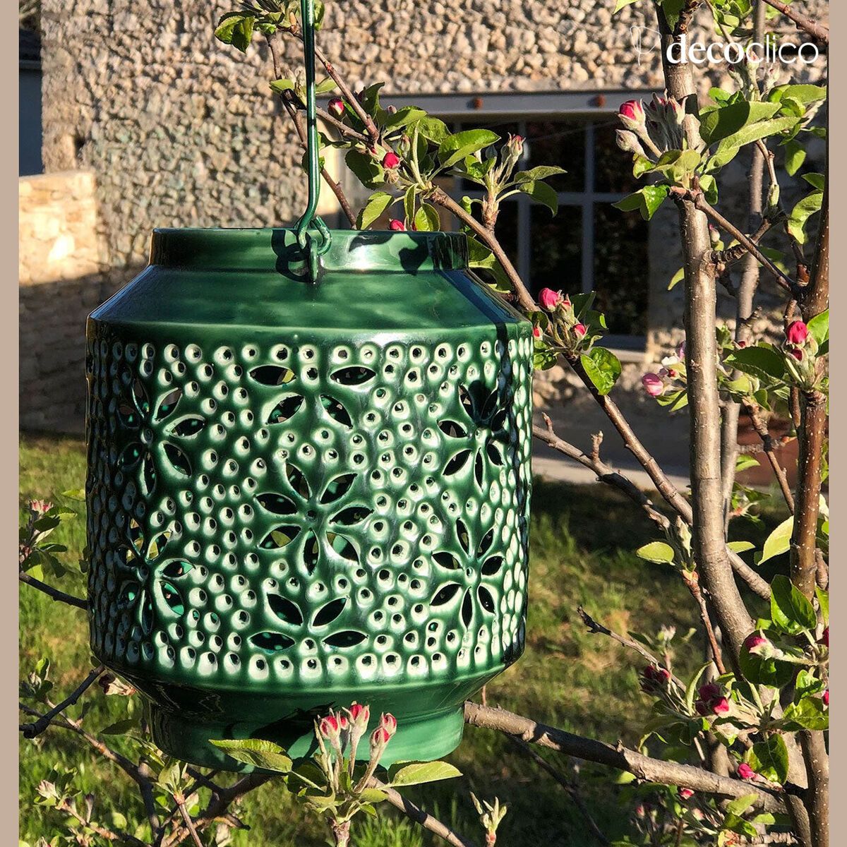 Lantern tealight holder in dark green openwork enamelled metal with handle Polka