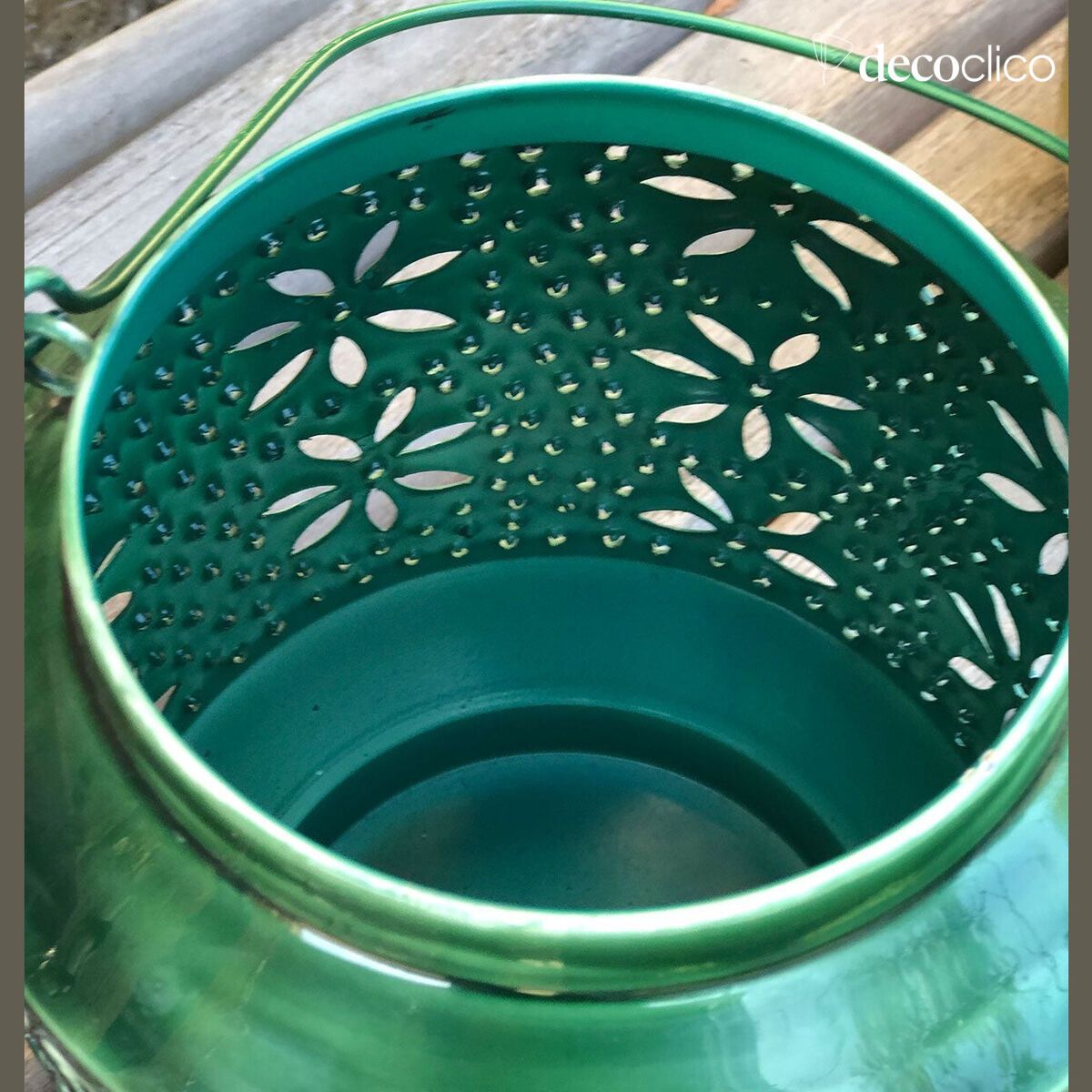 Lantern tealight holder in dark green openwork enamelled metal with handle Polka