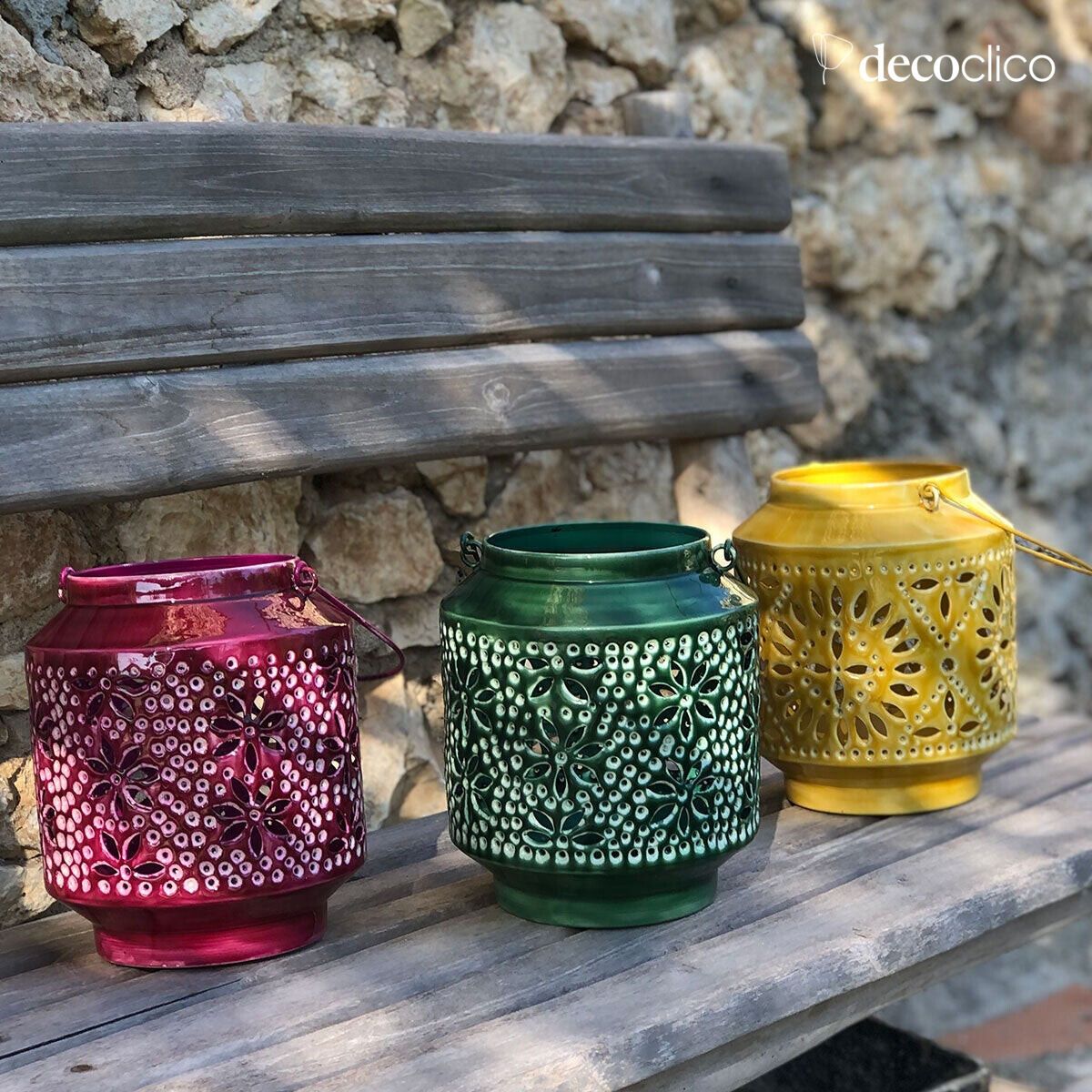 Lantern tealight holder in dark green openwork enamelled metal with handle Polka