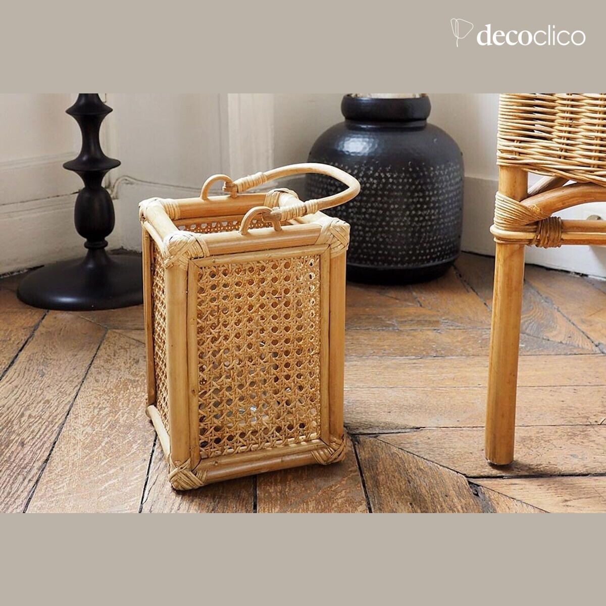 Lantern tealight holder in natural wicker with handle Moka