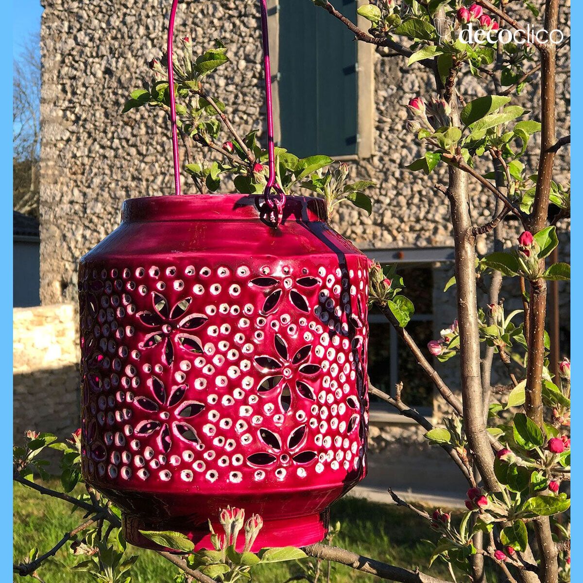 Lantern tealight holder in openwork enamelled metal with handle Polka