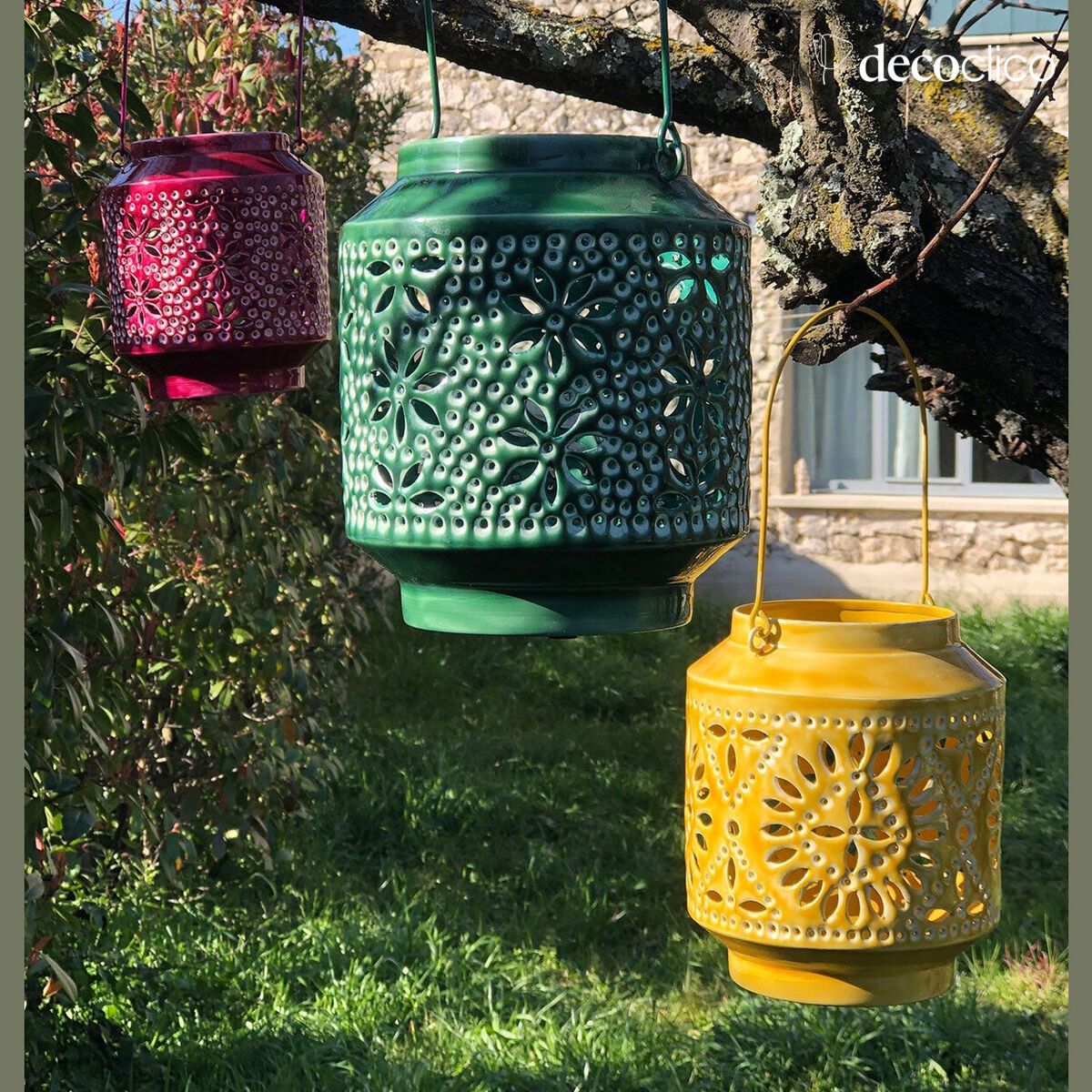 Lantern tealight holder in openwork enamelled metal with handle Polka