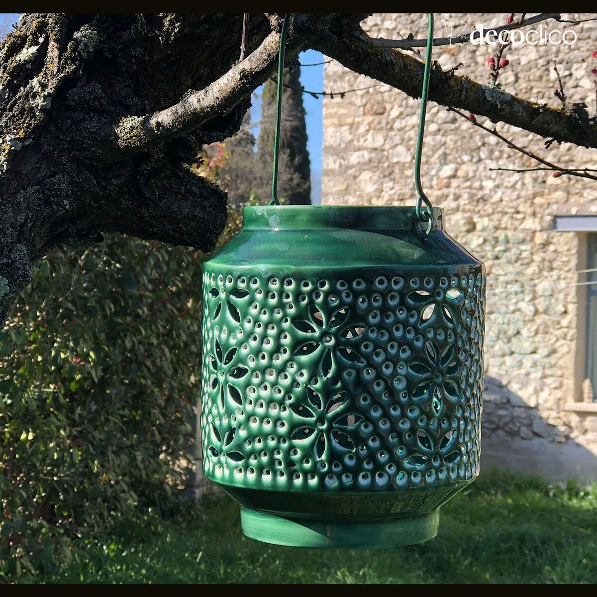 Lanterna portacandela in metallo smaltato traforato verde scuro con manico Polka