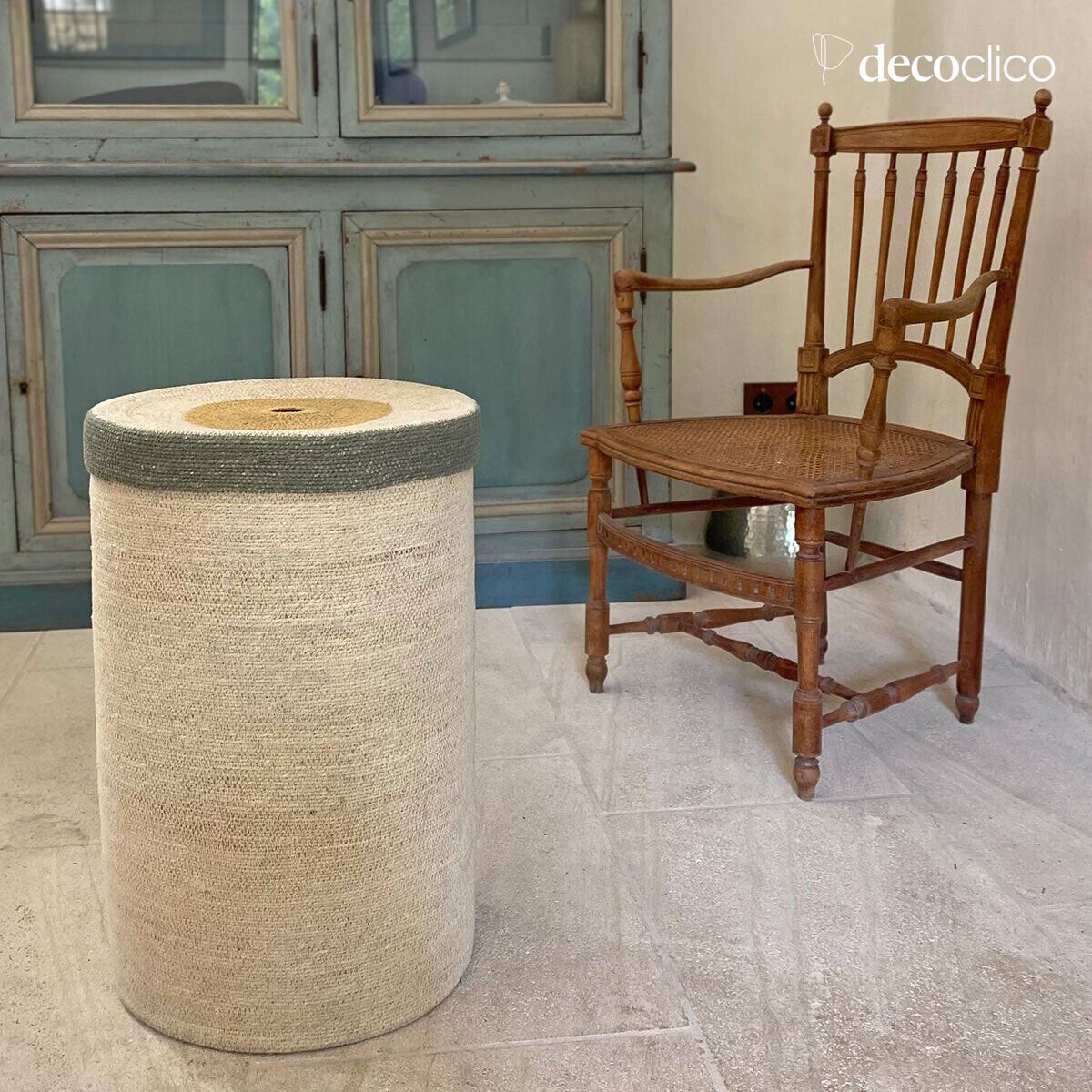 Laundry basket in natural and green seagrass with lid Bayadère