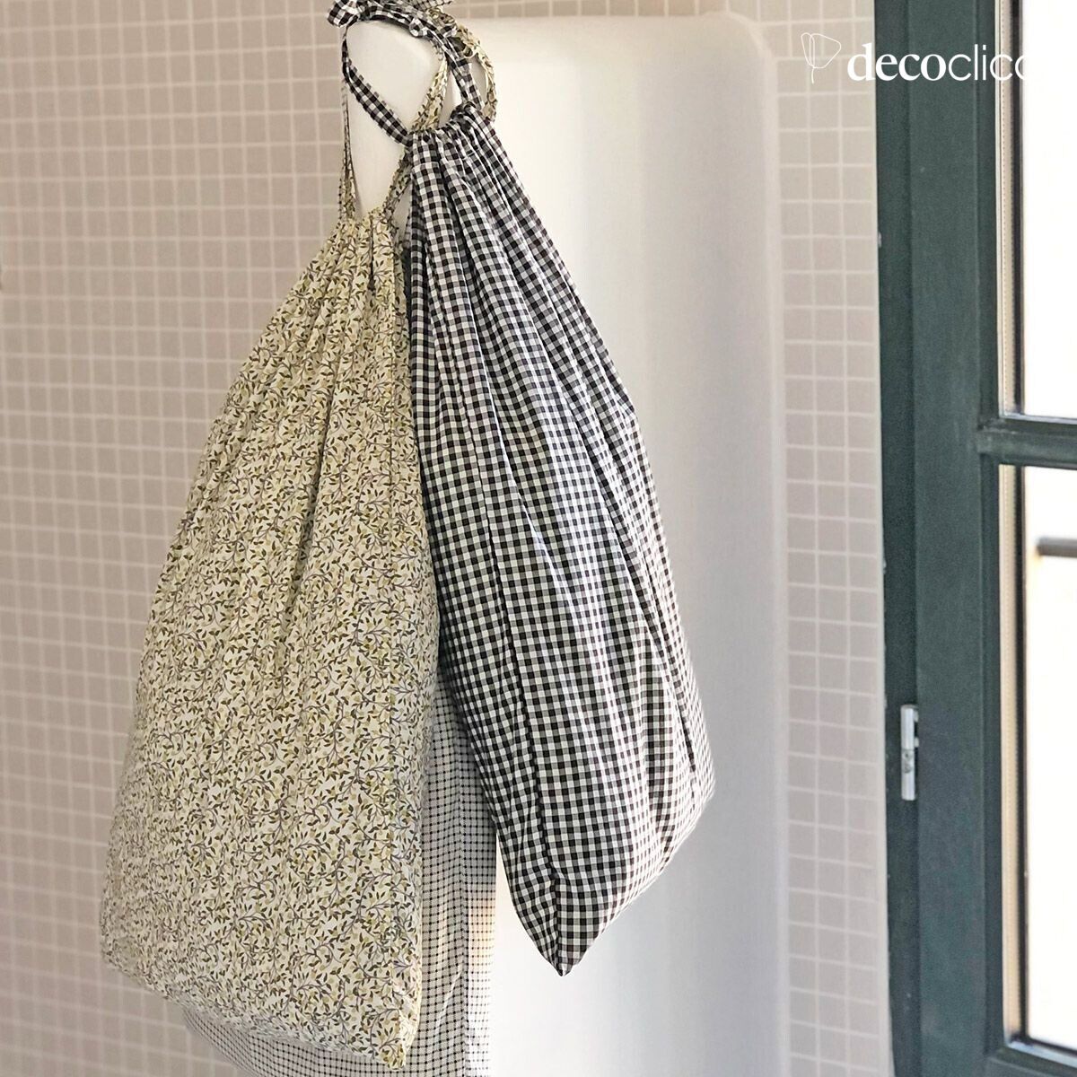 Lot de 3 sacs à linge en coton imprimé blanc et fleuri, quadrillé, vichy Romy 36